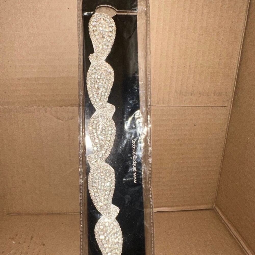 Pink Pewter Silver Rhinestone Crystal Elastic Stretch Headband‎ Leaf Design NEW